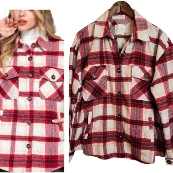Active USA Wool Blend Shacket Tartan Plaid Flannel Red Ivory Multicolor Jacket L - Picture 2 of 13